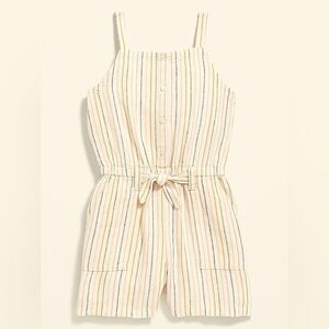 Old Navy linen Tie-Front striped Utility Romper jumpsuit shorts beach L 10/12